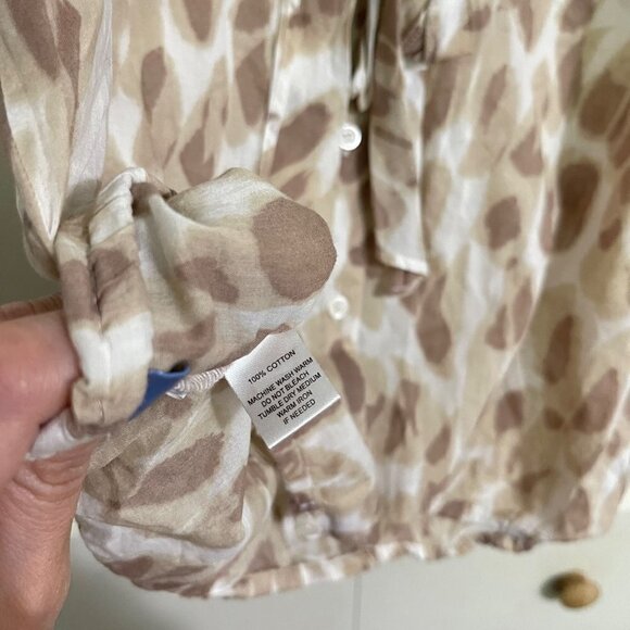 LOFT Womens Tan Button Ruffle Tie Neck Sleeveless Abstract Career Blouse Small - Picture 6 of 7